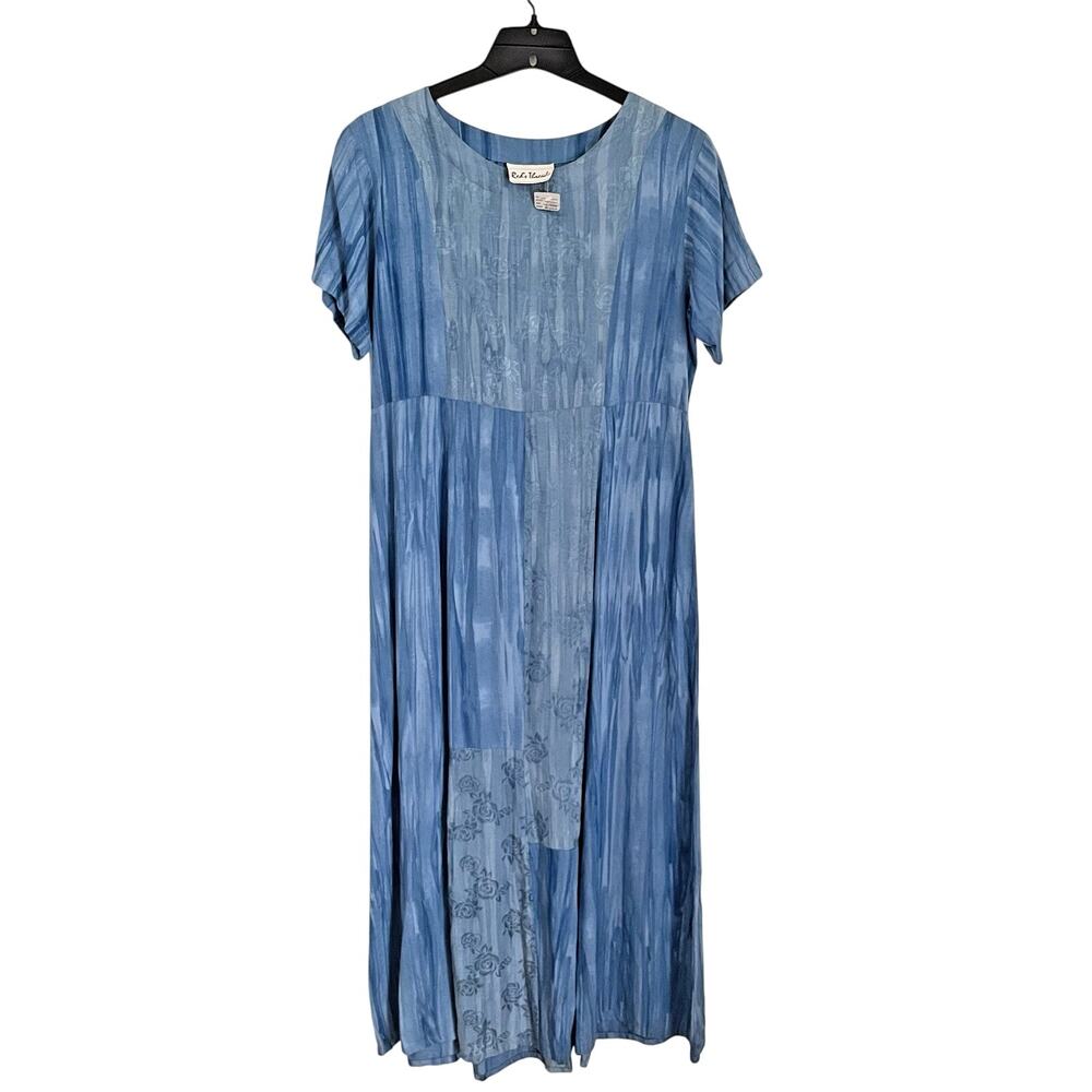 Vintage‎ Patchwork Rayon Midi Dress Blue Floral Boho Cottagecore M